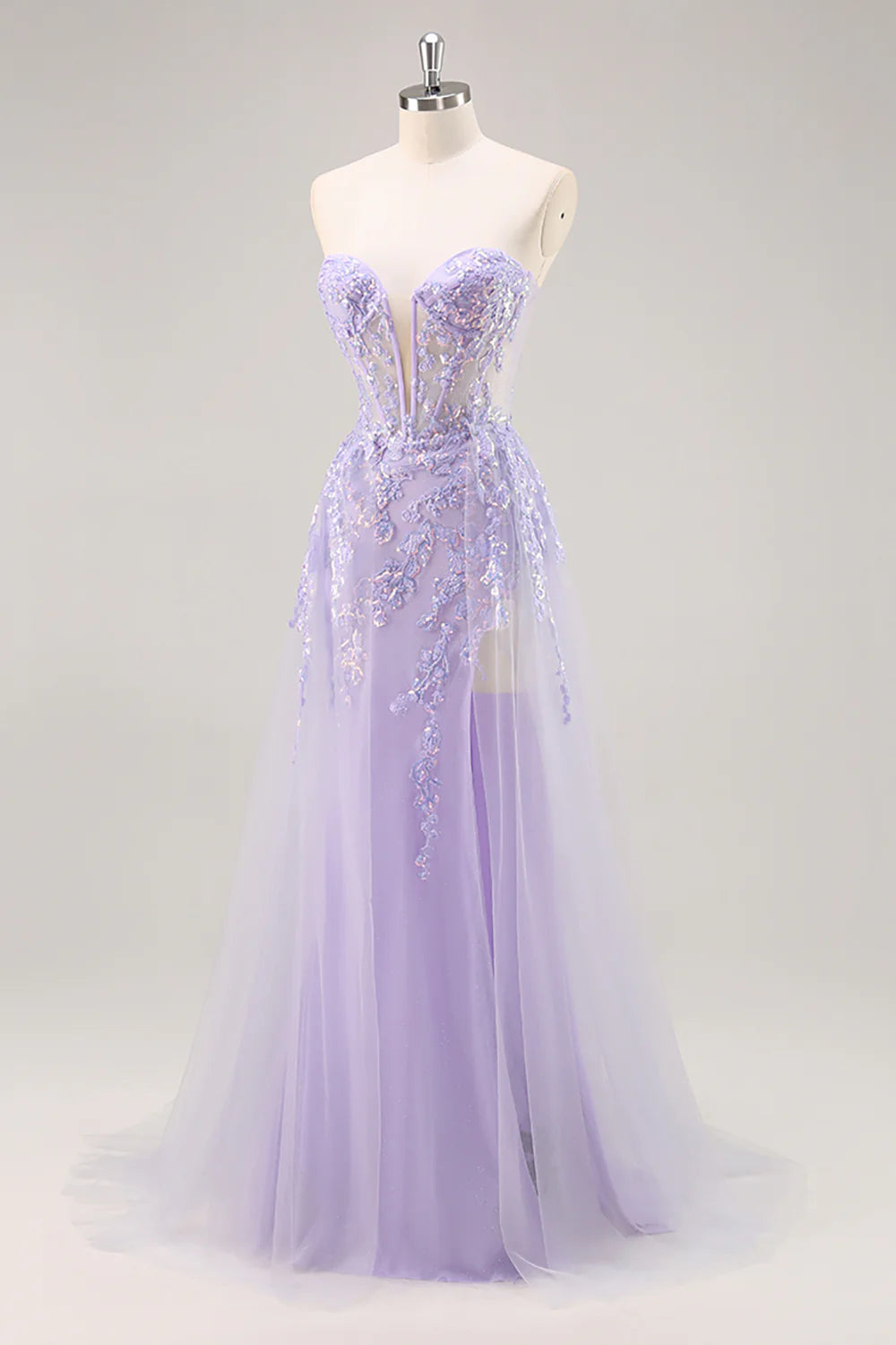 Sparkly Lilac Tulle Strapless Corset Long Prom Dress with Appliques
