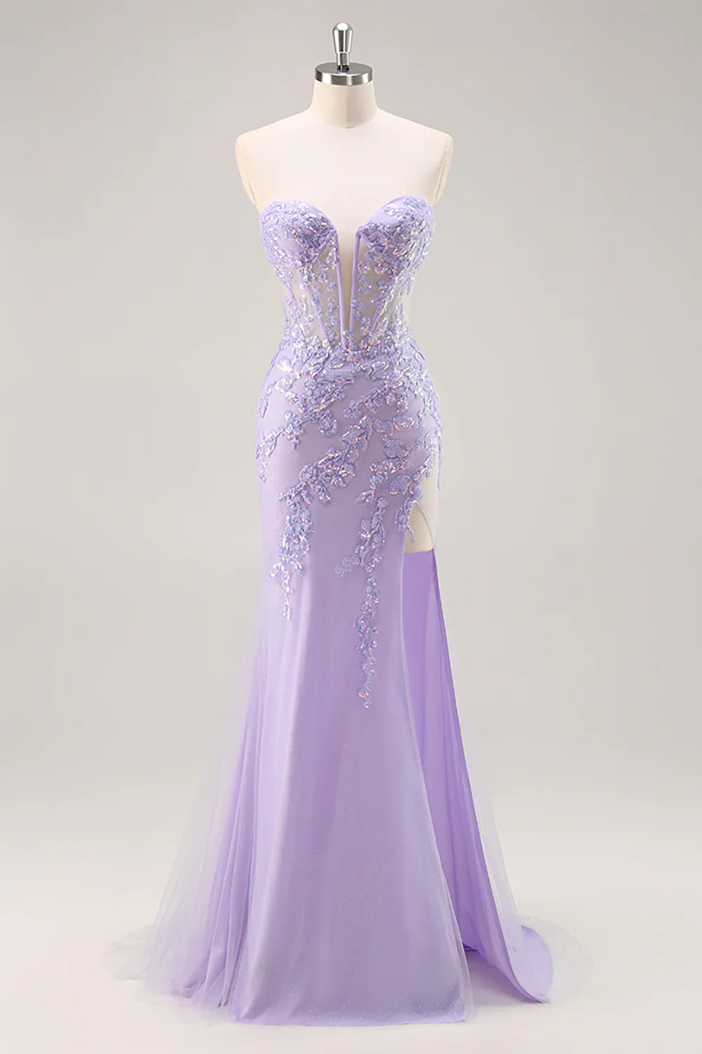 Sparkly Lilac Tulle Strapless Corset Long Prom Dress with Appliques