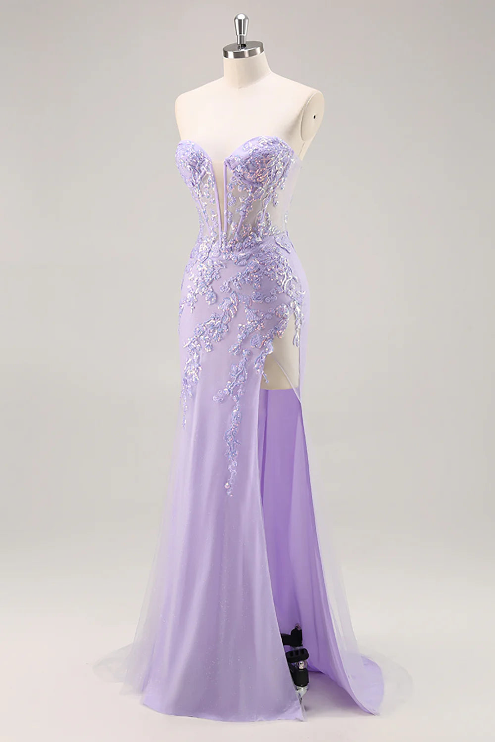 Sparkly Lilac Tulle Strapless Corset Long Prom Dress with Appliques