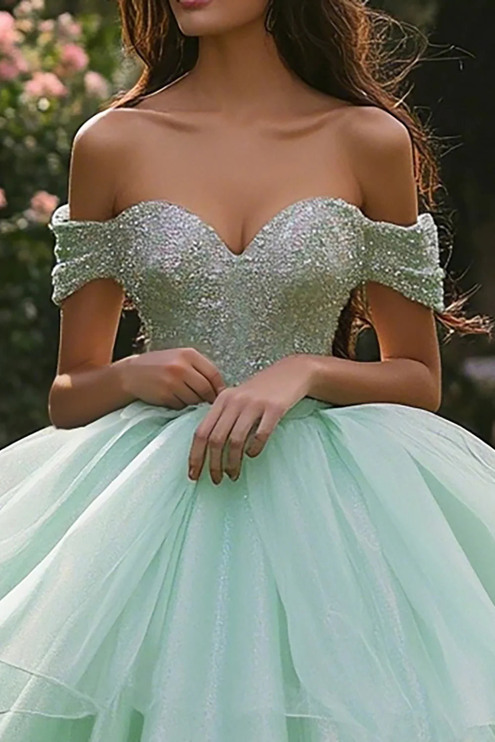 Sparkly Mint Green Ball Gown Ruffled Long Quinceanera Dress with Lace