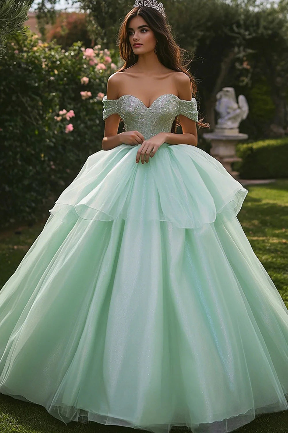 Sparkly Mint Green Ball Gown Ruffled Long Quinceanera Dress with Lace