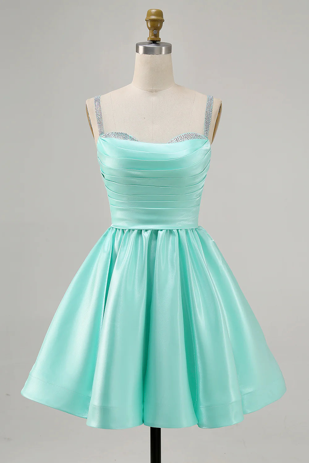 Sparkly Mint Green Ruched Satin Short Homecoming Dress with Beading