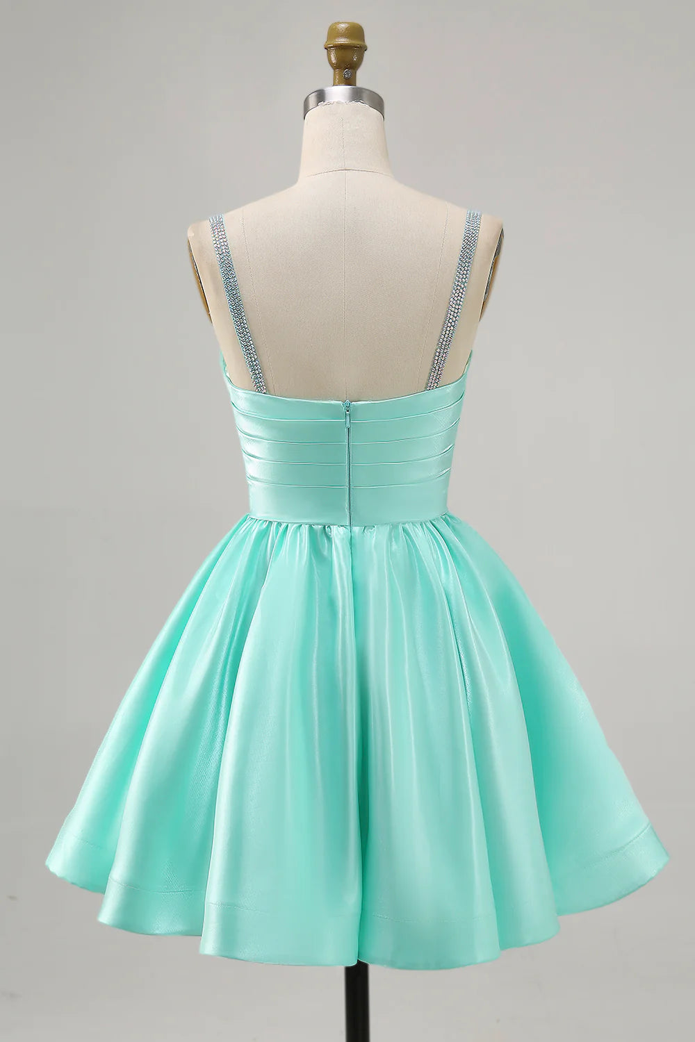 Sparkly Mint Green Ruched Satin Short Homecoming Dress with Beading