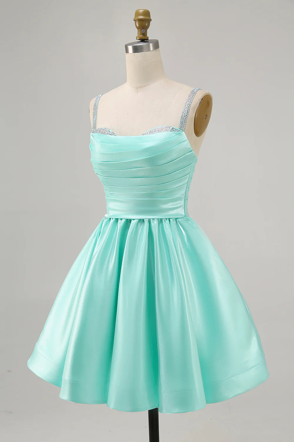 Sparkly Mint Green Ruched Satin Short Homecoming Dress with Beading