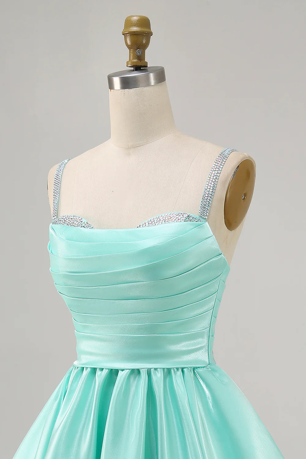 Sparkly Mint Green Ruched Satin Short Homecoming Dress with Beading