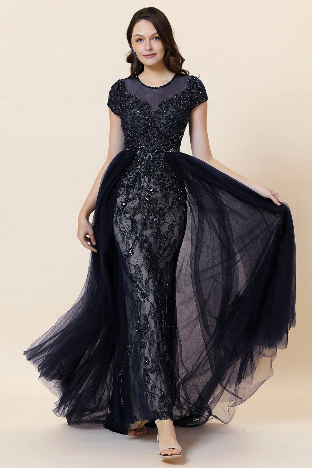 Sparkly Navy Beaded Long Formal Dress