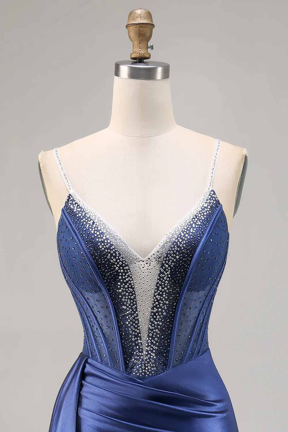 Sparkly Navy Corset Satin Tight Beaded Homecoming Dress with Streamer