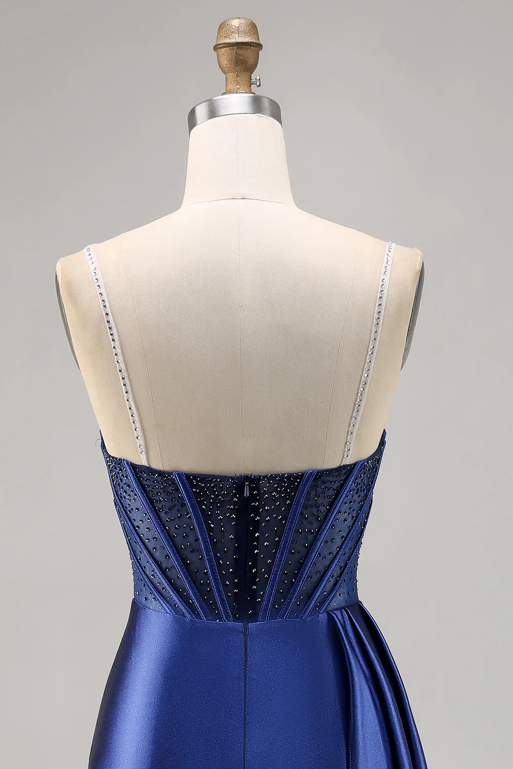 Sparkly Navy Corset Satin Tight Beaded Homecoming Dress with Streamer