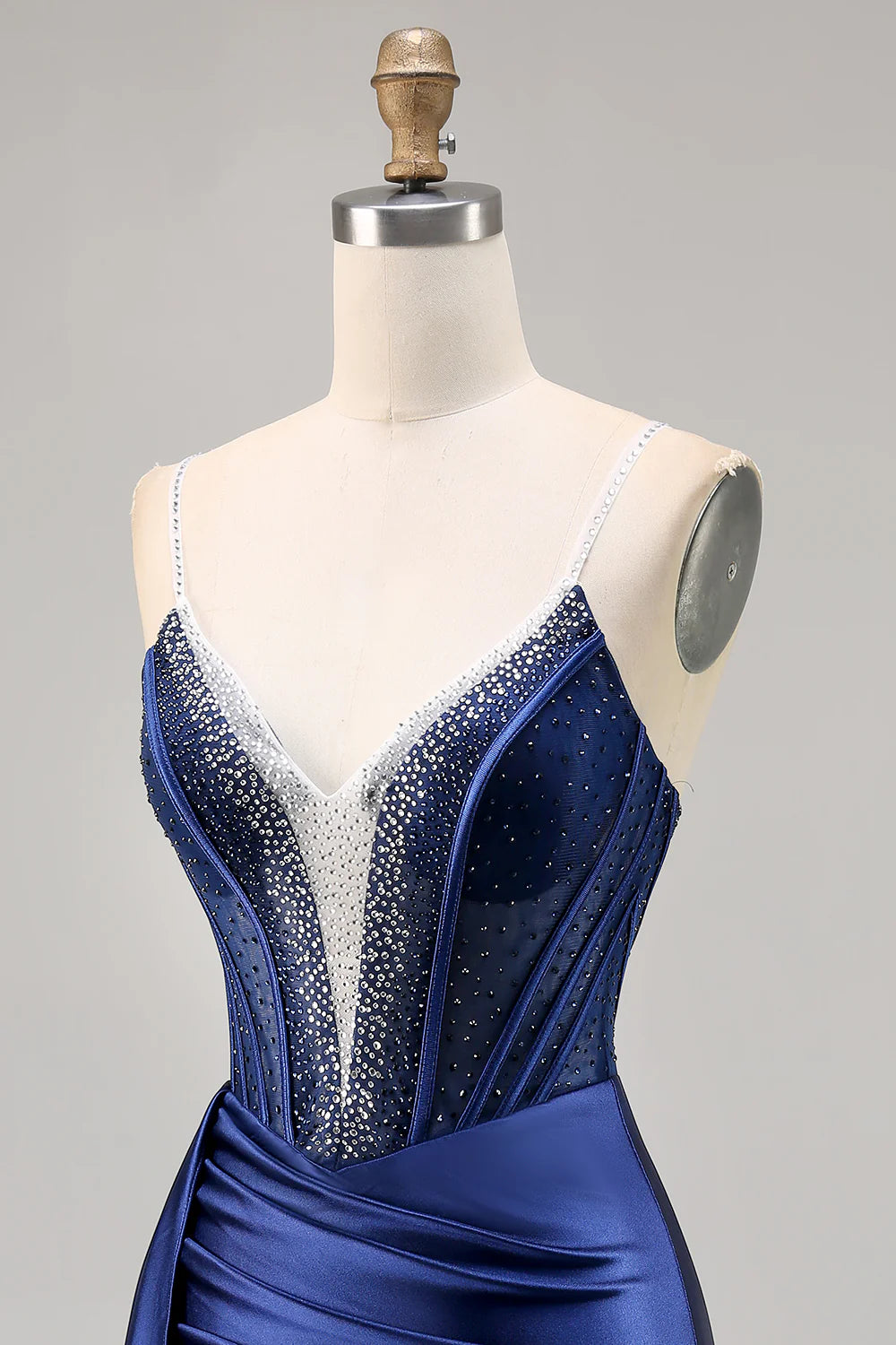 Sparkly Navy Corset Satin Tight Beaded Homecoming Dress with Streamer
