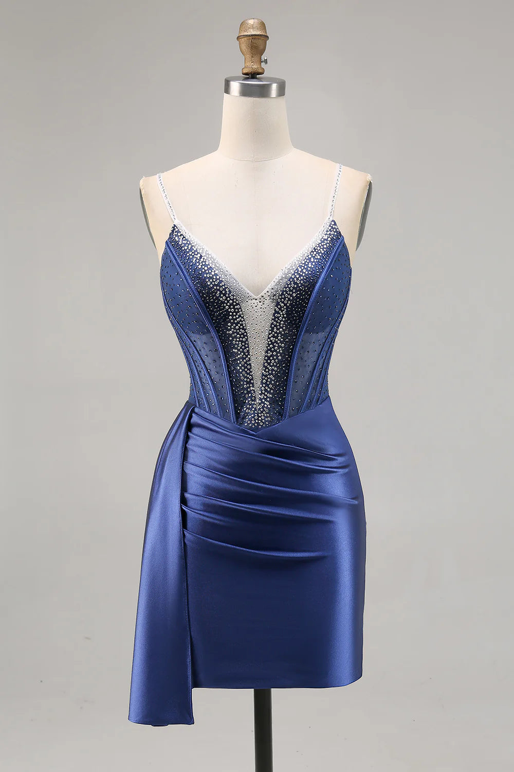 Sparkly Navy Corset Satin Tight Beaded Homecoming Dress with Streamer