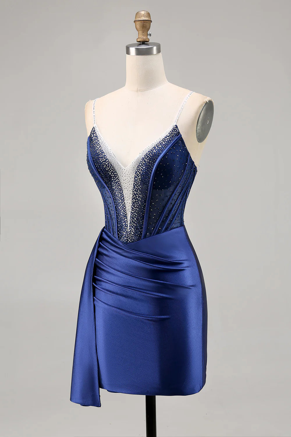 Sparkly Navy Corset Satin Tight Beaded Homecoming Dress with Streamer