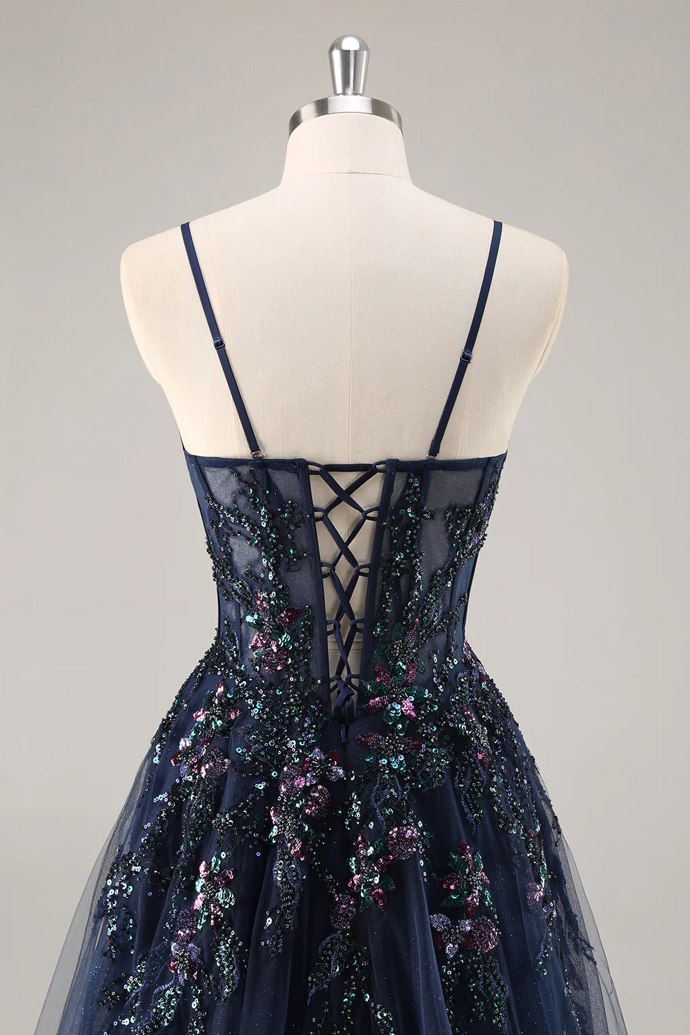 Sparkly Navy Corset Sweetheart Long Prom Dress with Appliques