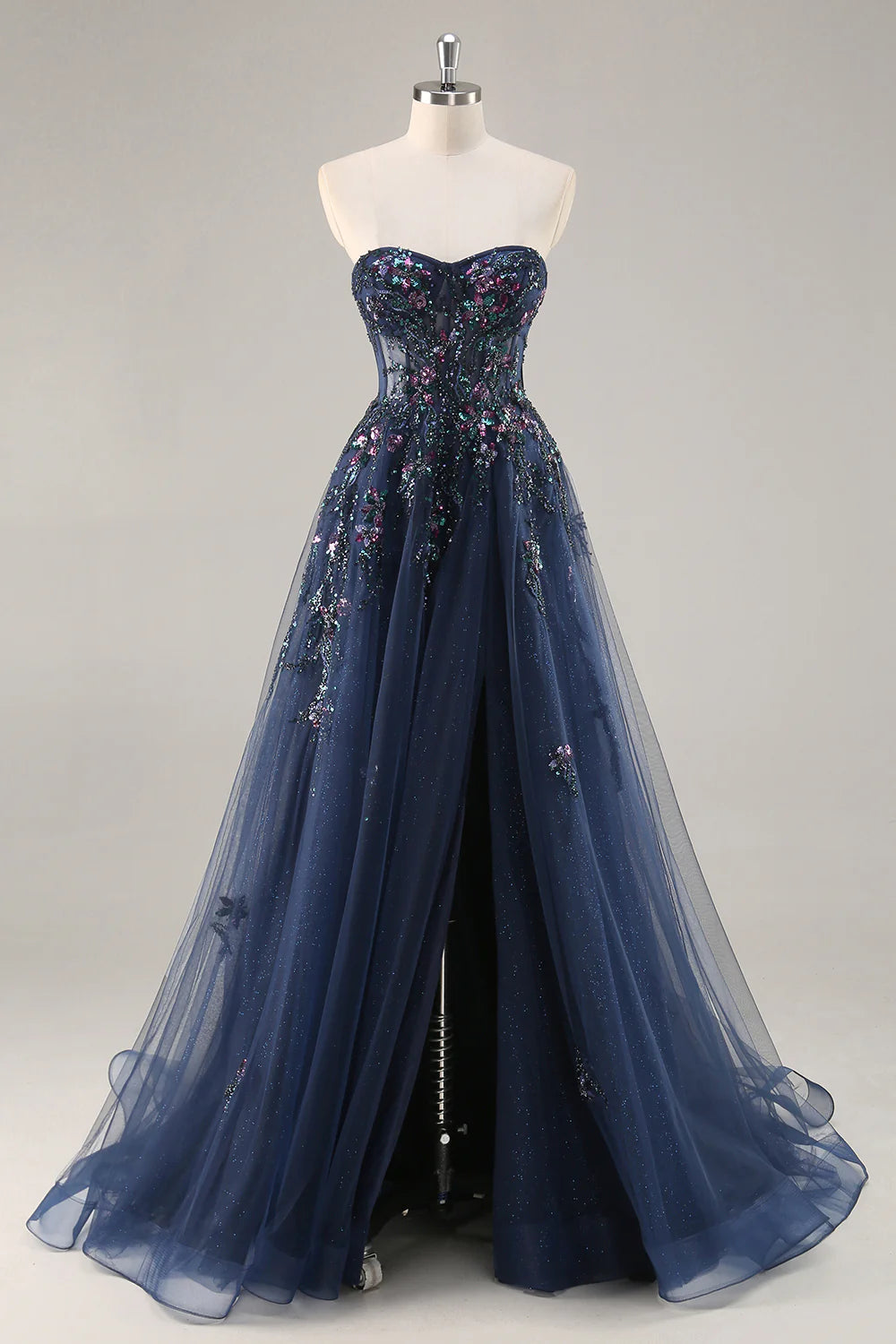 Sparkly Navy Corset Sweetheart Long Prom Dress with Appliques