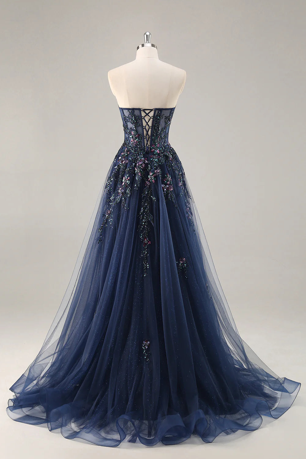 Sparkly Navy Corset Sweetheart Long Prom Dress with Appliques