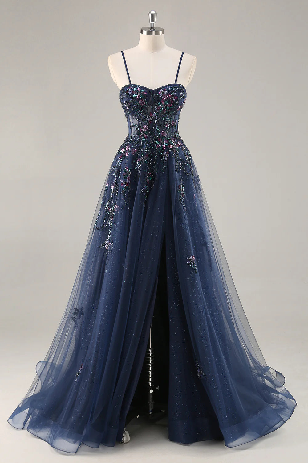 Sparkly Navy Corset Sweetheart Long Prom Dress with Appliques