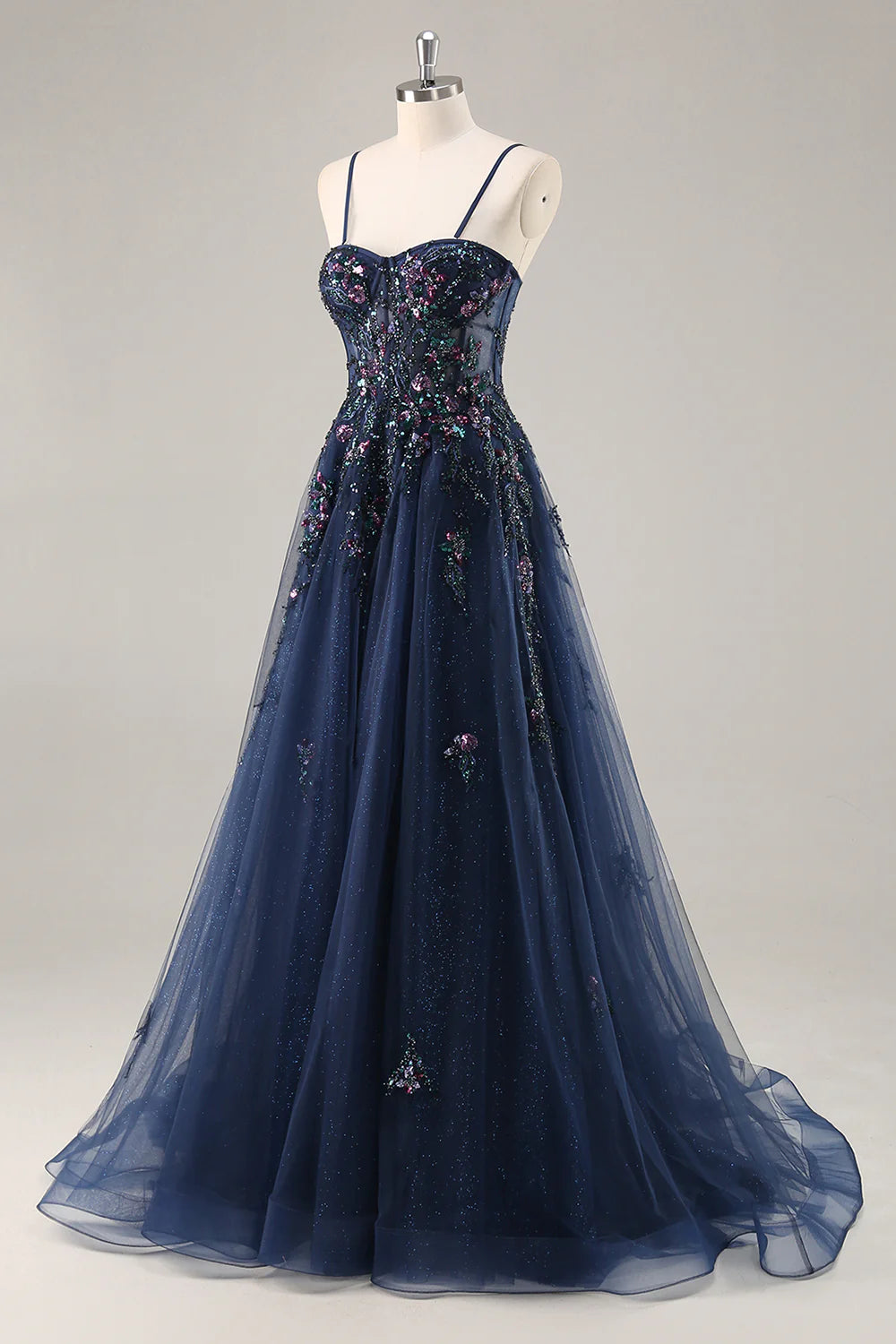 Sparkly Navy Corset Sweetheart Long Prom Dress with Appliques