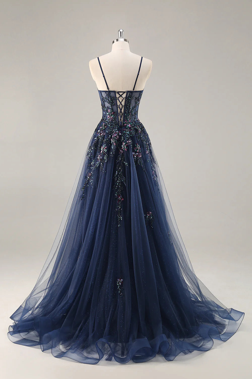 Sparkly Navy Corset Sweetheart Long Prom Dress with Appliques