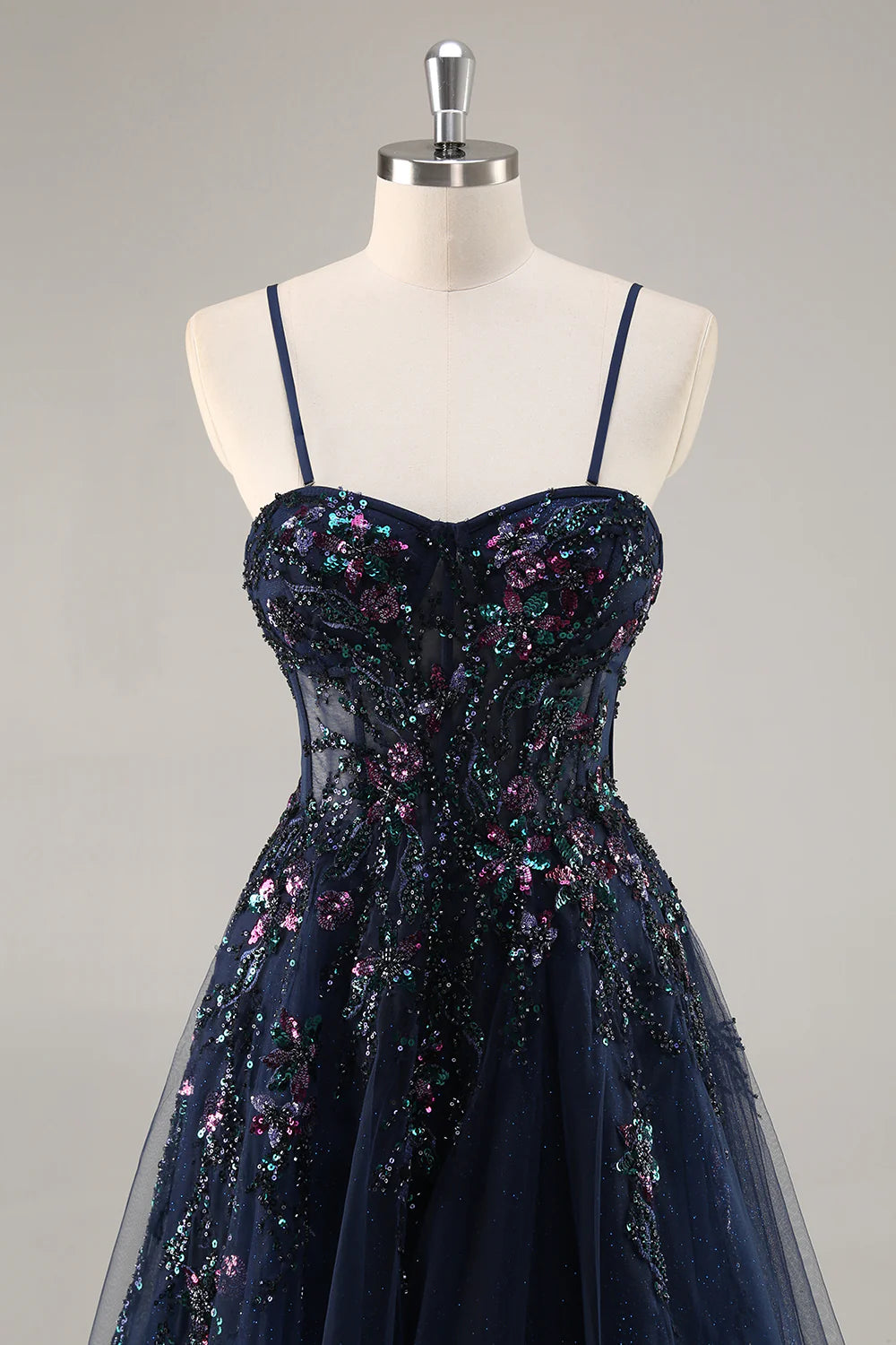 Sparkly Navy Corset Sweetheart Long Prom Dress with Appliques