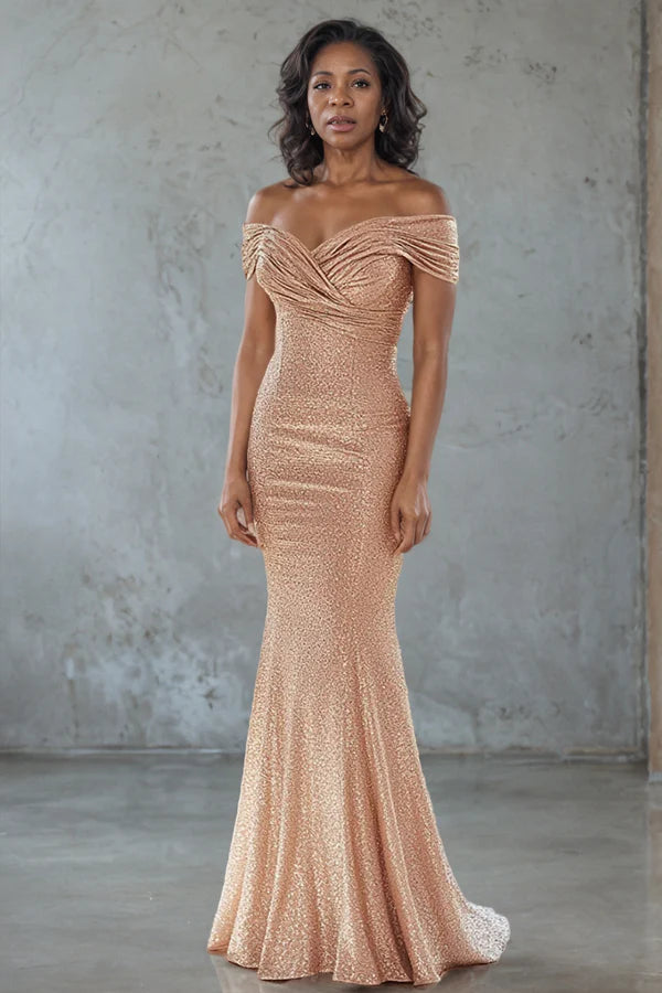 Sparkly Off the Shoulder Champagne Mother Of The Bride Dress