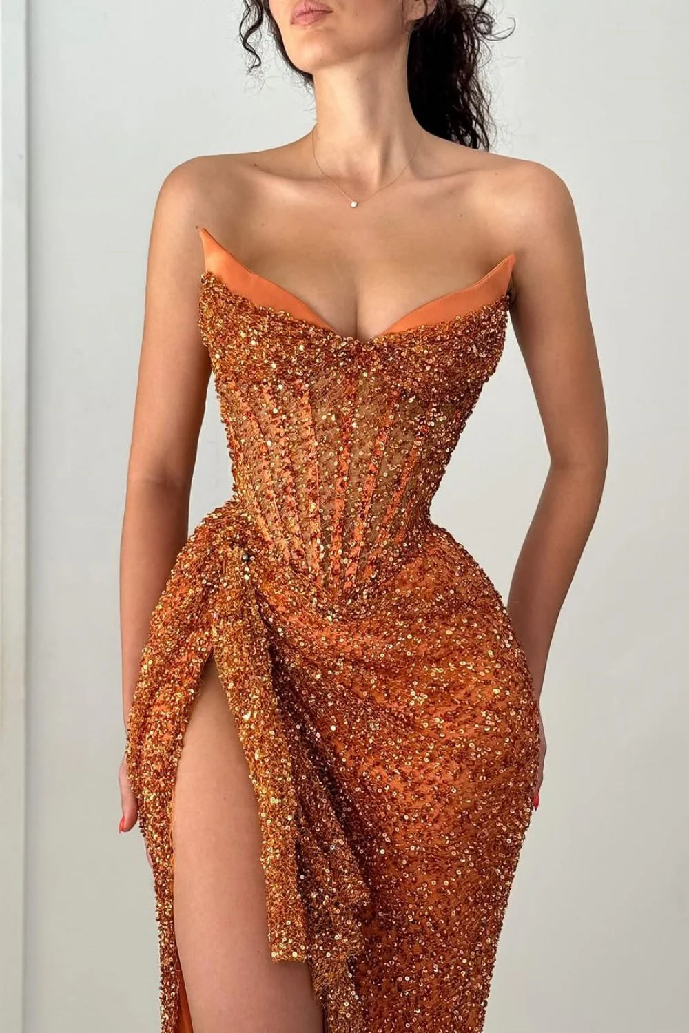 Sparkly Orange Mermaid Strapless Lace Up Long Sequin Prom Dress
