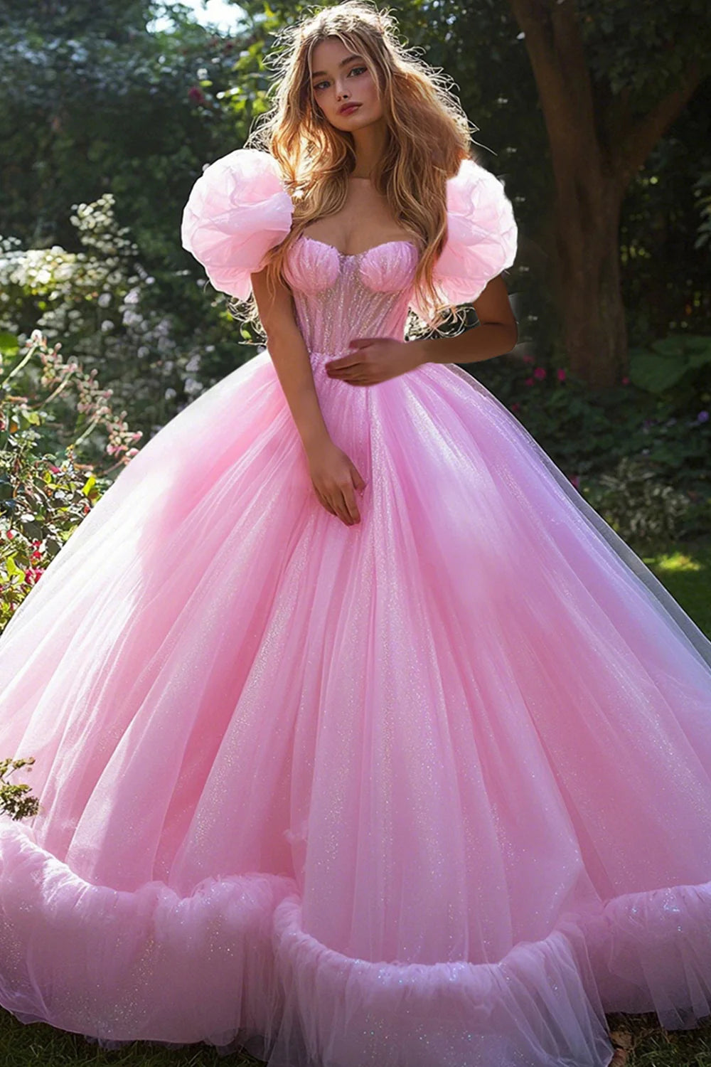Sparkly Pink Ball Gown Corset Princess Tulle Long Quinceanera Dress with Sleeves