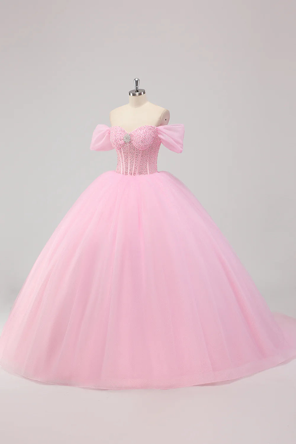 Sparkly Pink Ball Gown Off the Shoulder Corset Quinceanera Dress with Beadings