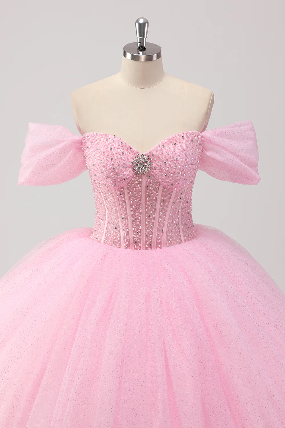 Sparkly Pink Ball Gown Off the Shoulder Corset Quinceanera Dress with Beadings