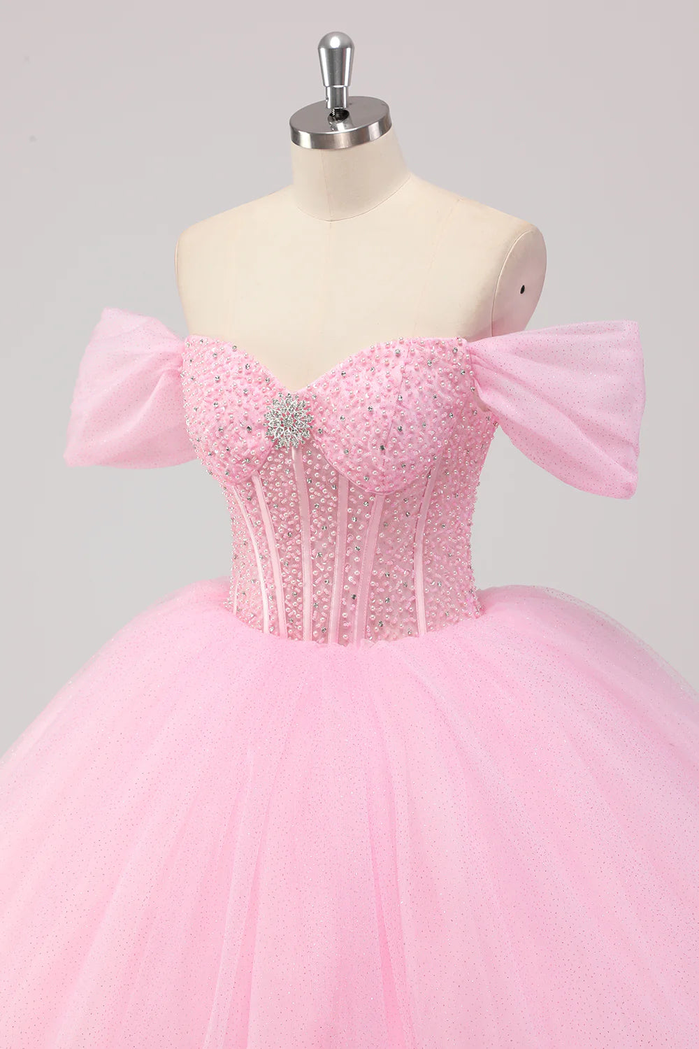 Sparkly Pink Ball Gown Off the Shoulder Corset Quinceanera Dress with Beadings
