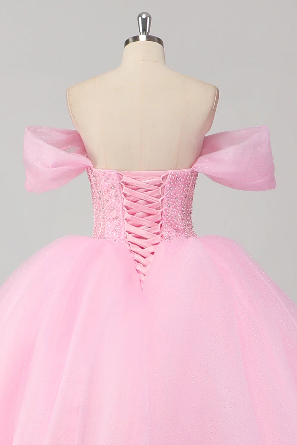 Sparkly Pink Ball Gown Off the Shoulder Corset Quinceanera Dress with Beadings