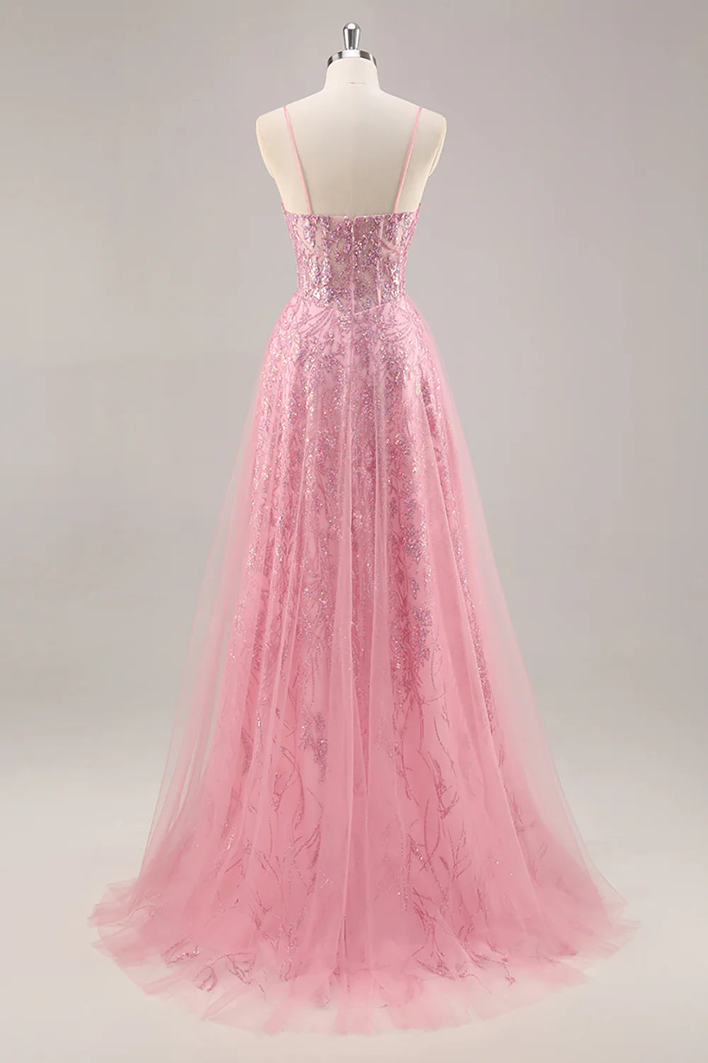 Sparkly Pink Corset Tulle Spaghetti Straps Long Prom Dress with Sequins