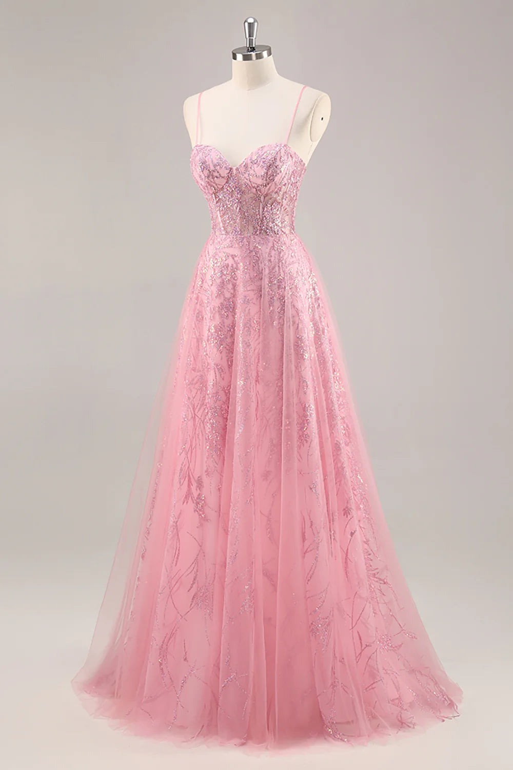 Sparkly Pink Corset Tulle Spaghetti Straps Long Prom Dress with Sequins