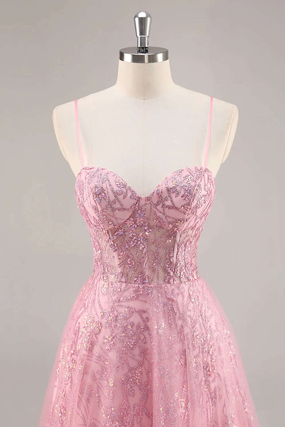 Sparkly Pink Corset Tulle Spaghetti Straps Long Prom Dress with Sequins