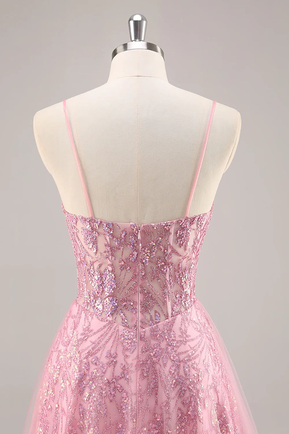 Sparkly Pink Corset Tulle Spaghetti Straps Long Prom Dress with Sequins
