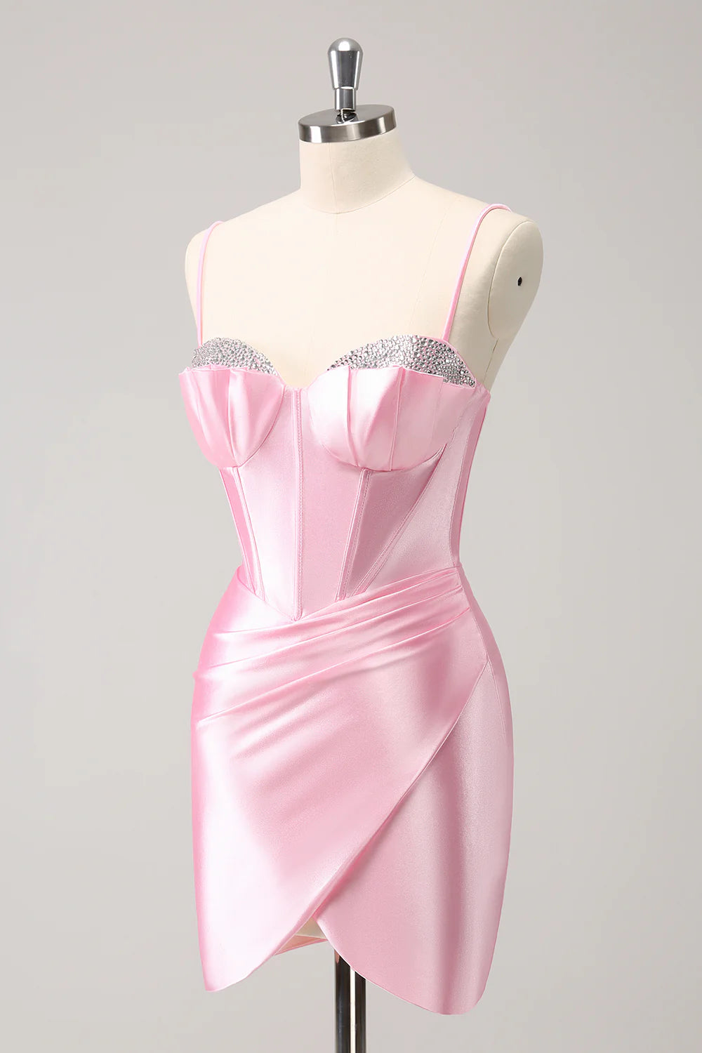 Sparkly Pink Tight Spaghetti Straps Corset Pleated Short Homecoming Dress with Beading