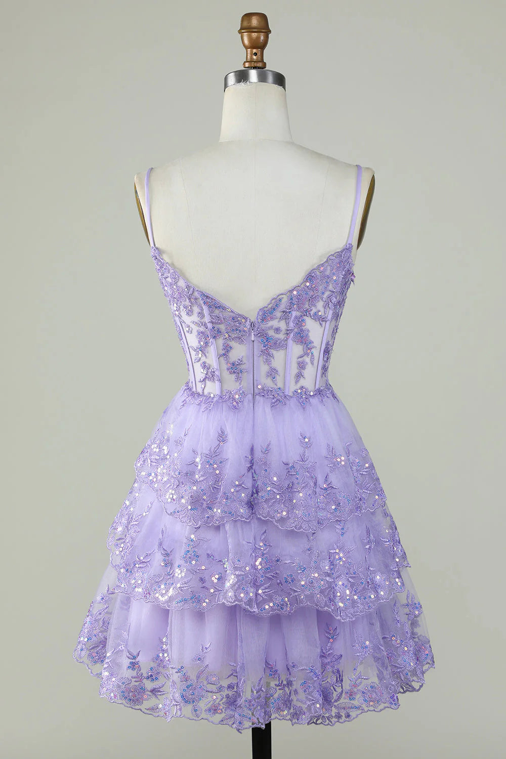 Sparkly Purple A Line Spaghetti Straps Tiered Corset Short Homecoming Dress