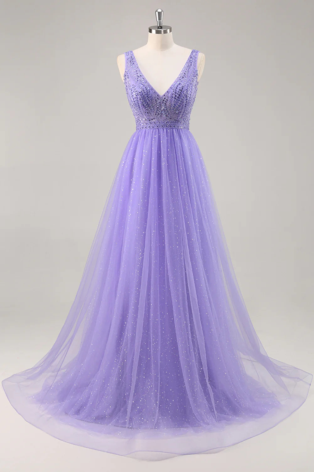 Sparkly Purple A Line V Neck Tulle Long Prom Dress With Beading