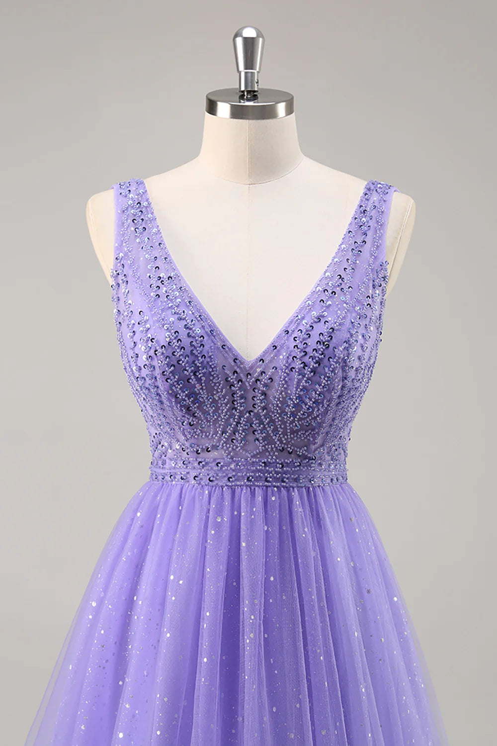 Sparkly Purple A Line V Neck Tulle Long Prom Dress With Beading