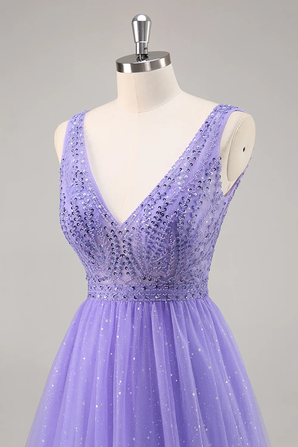 Sparkly Purple A Line V Neck Tulle Long Prom Dress With Beading