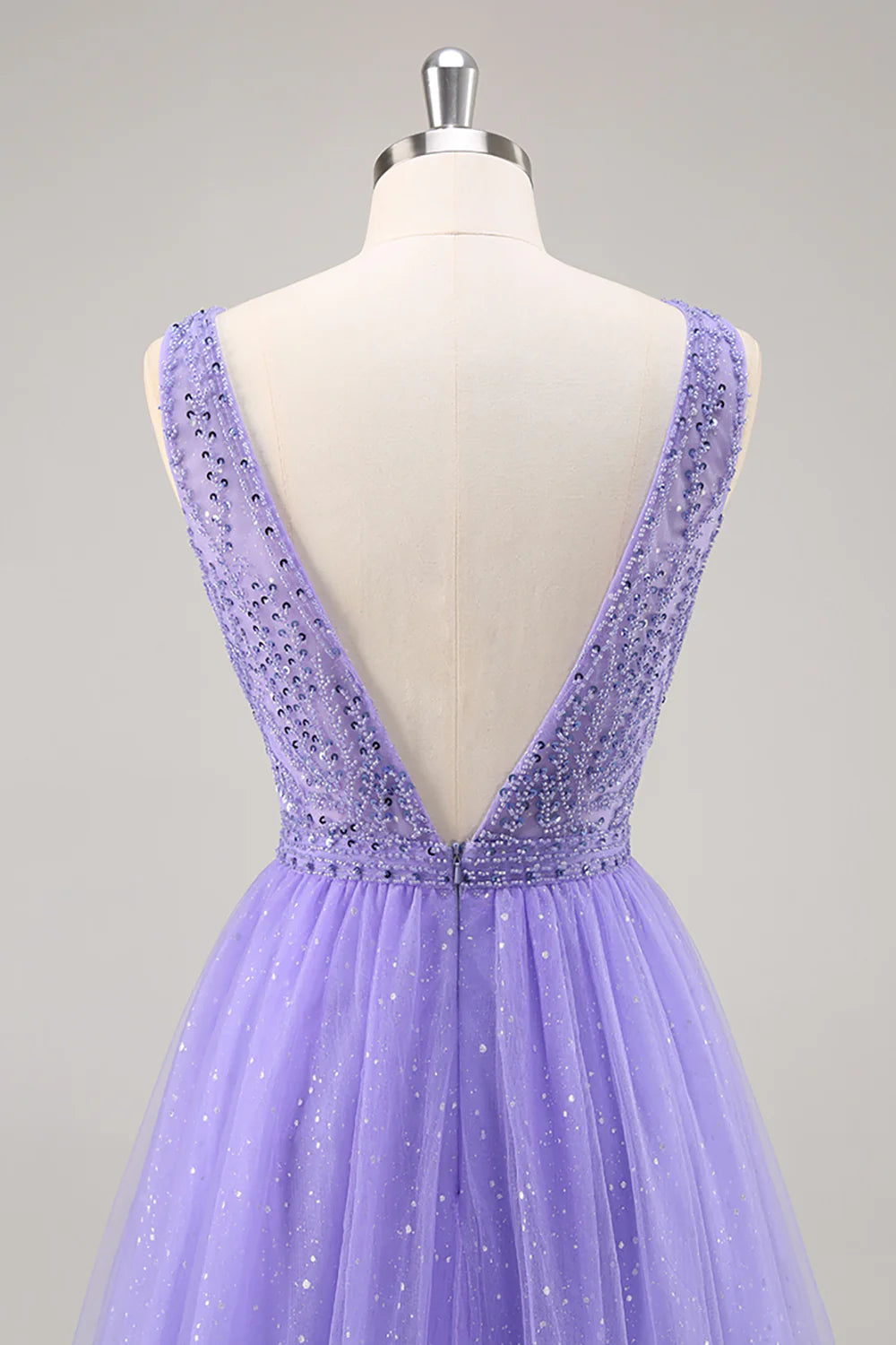 Sparkly Purple Beaded V-Neck A Line Long Prom Dress
