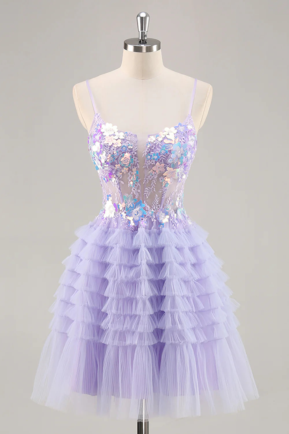 Sparkly Purple Floral Corset Tiered Short Homecoming Dress with Ruffles
