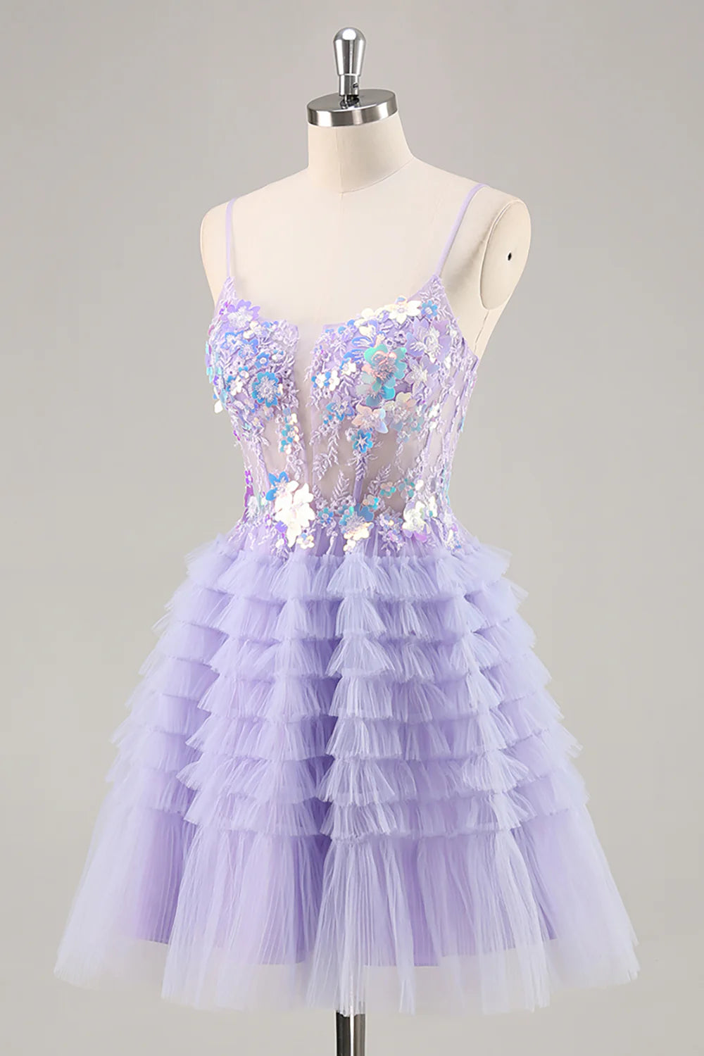 Sparkly Purple Floral Corset Tiered Short Homecoming Dress with Ruffles