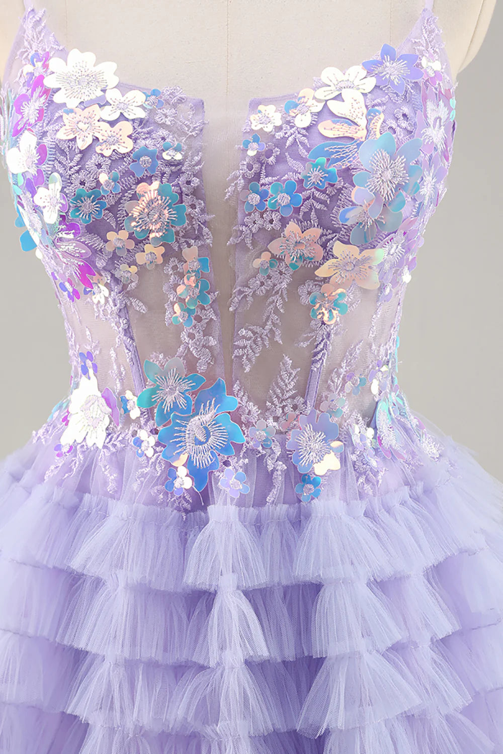 Sparkly Purple Floral Corset Tiered Short Homecoming Dress with Ruffles