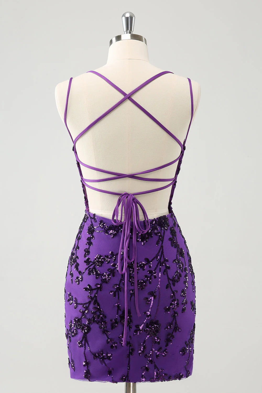 Sparkly Purple Spaghetti Straps Tight Short Homecoming Dress with Appliques