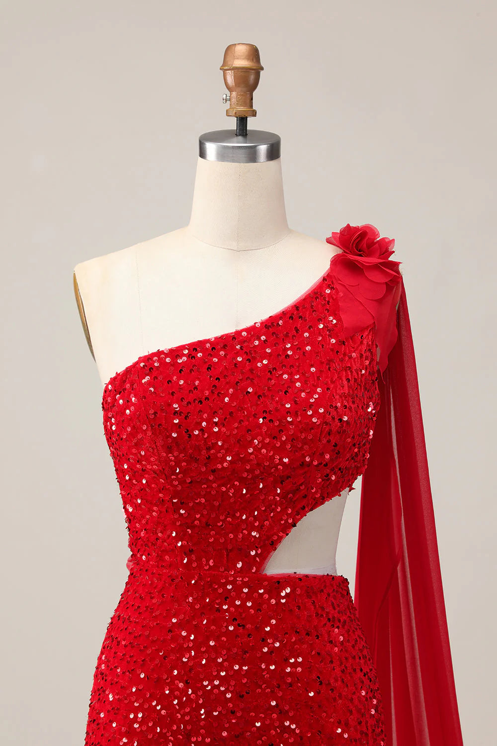 Sparkly Red Sequins One Shoulder Cut Out Tight Short Homecoming Dress with Sequins