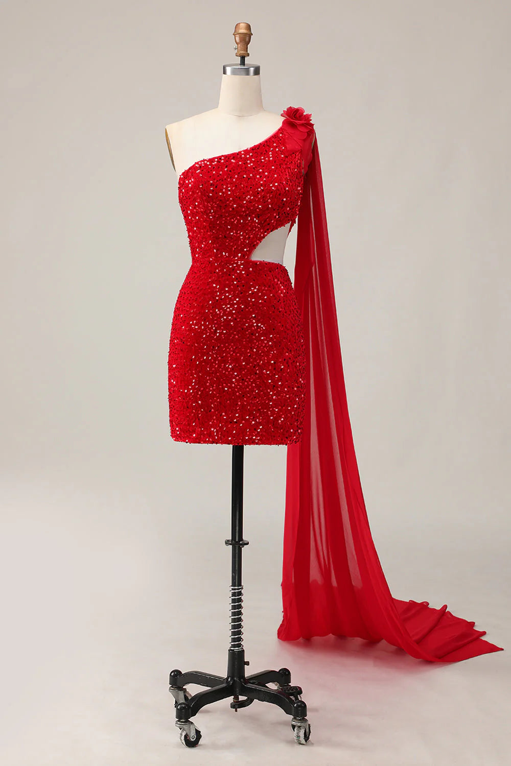 Sparkly Red Sequins One Shoulder Cut Out Tight Short Homecoming Dress with Sequins