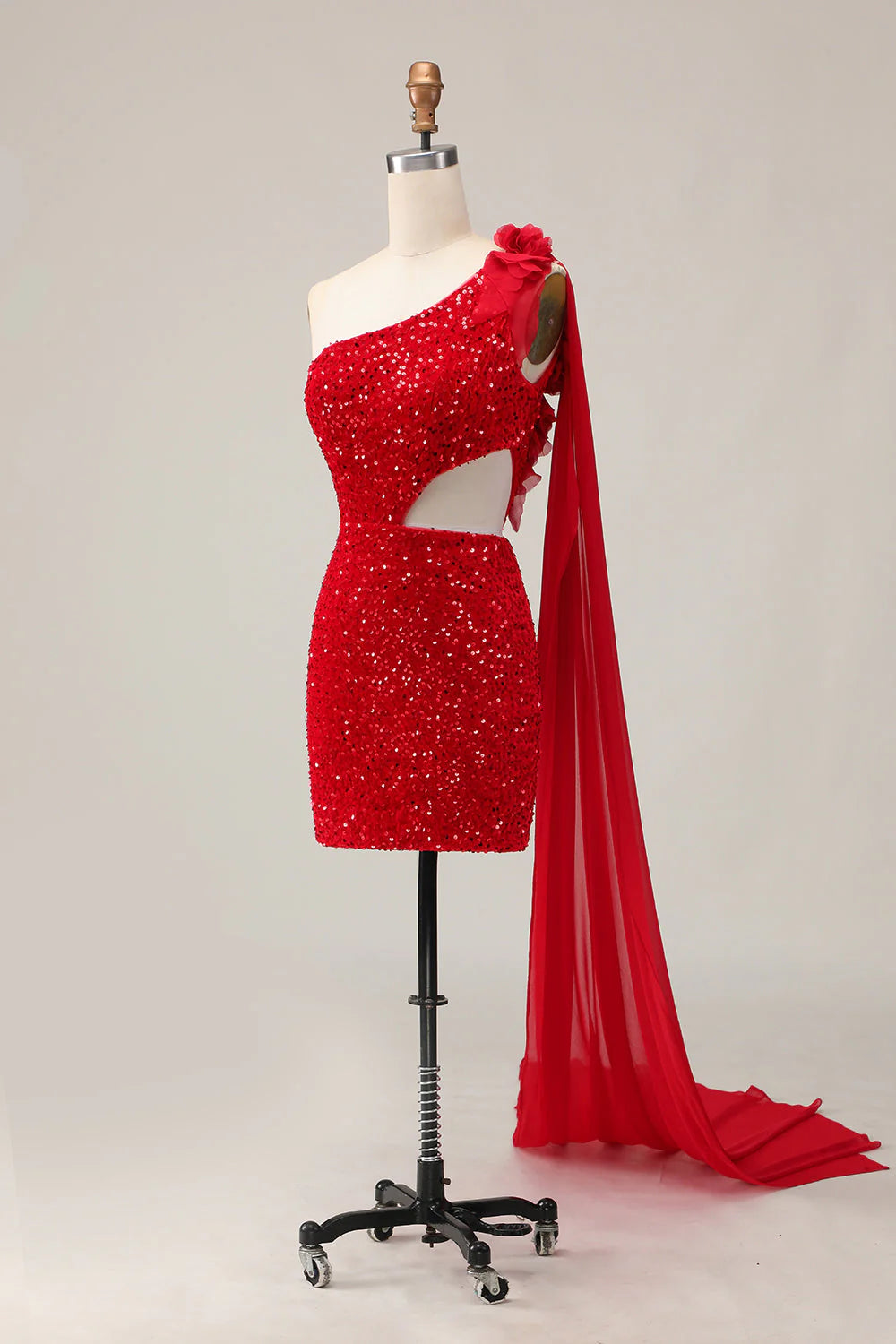Sparkly Red Sequins One Shoulder Cut Out Tight Short Homecoming Dress with Sequins