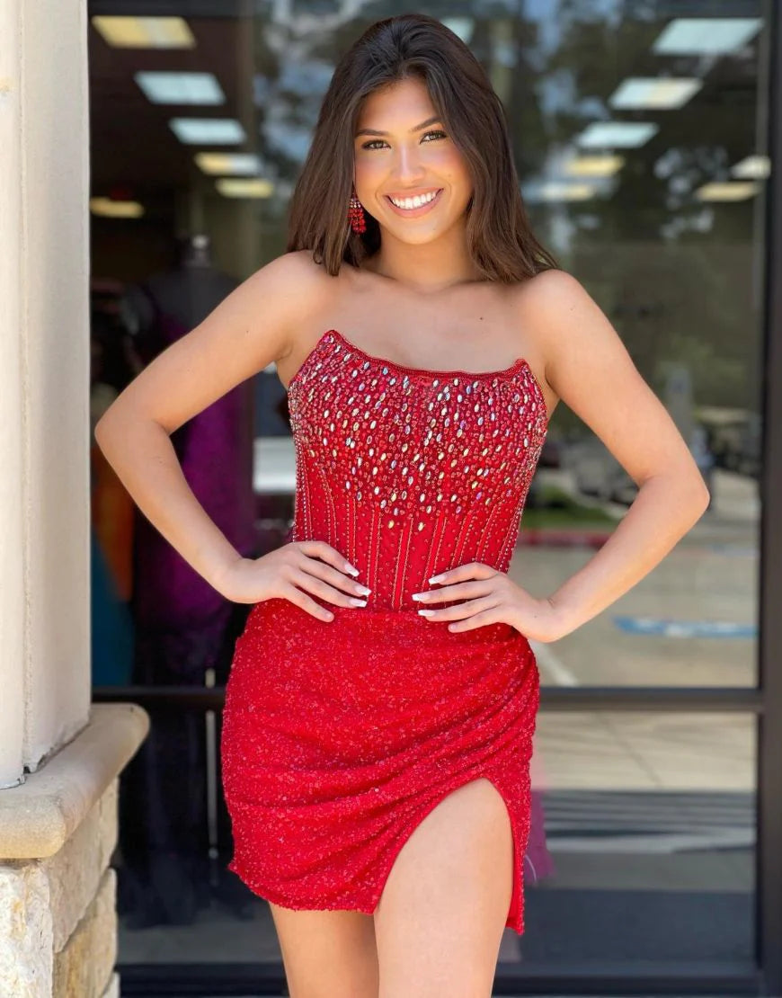 Sparkly Red Strapless Short Retract Your Waist Unique Design Homecoming Dress