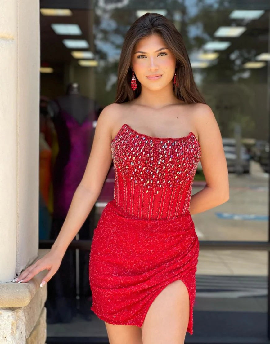 Sparkly Red Strapless Short Retract Your Waist Unique Design Homecoming Dress