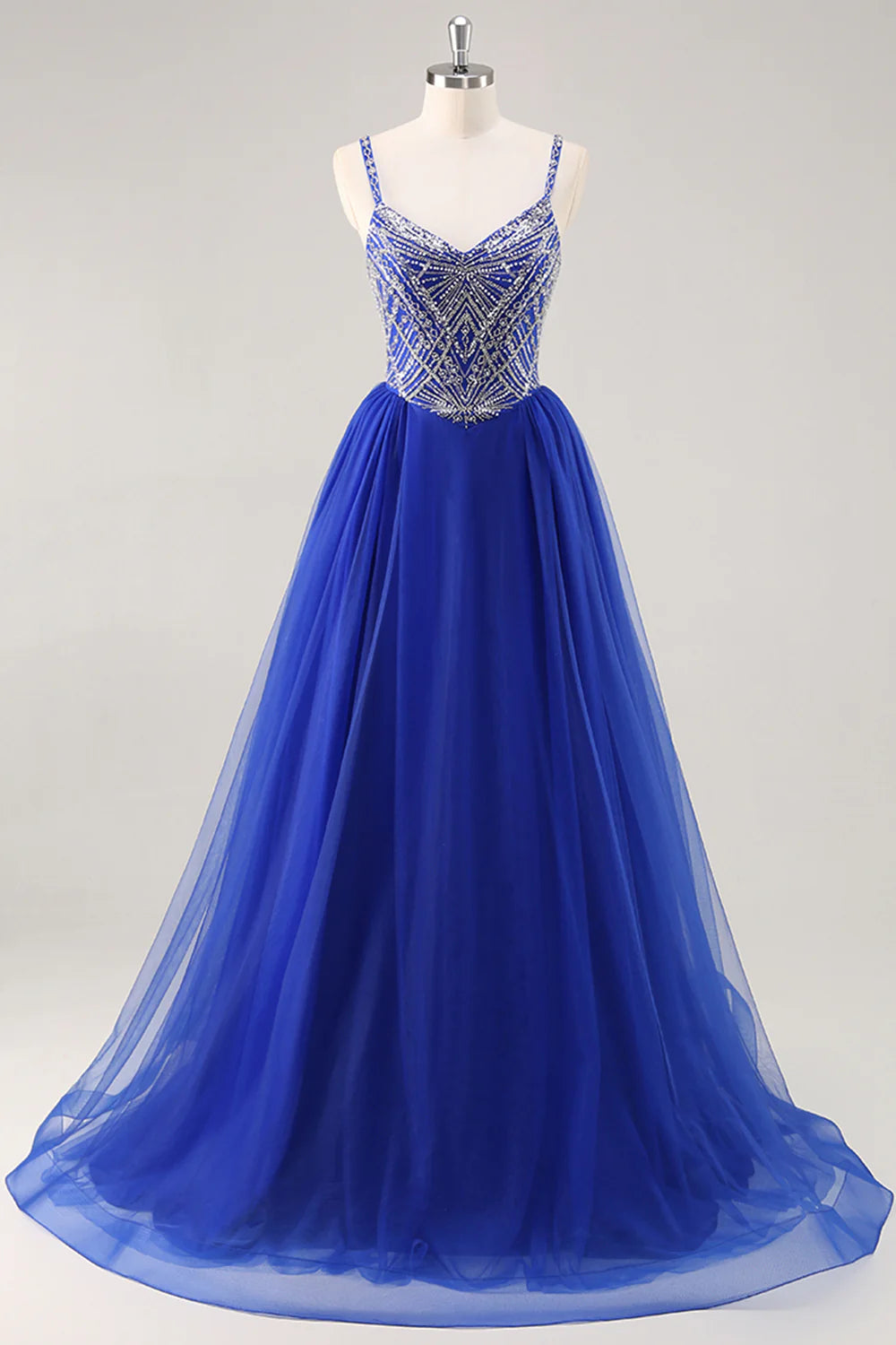 Sparkly Royal Blue Spaghetti Straps Beaded Long Prom Dress