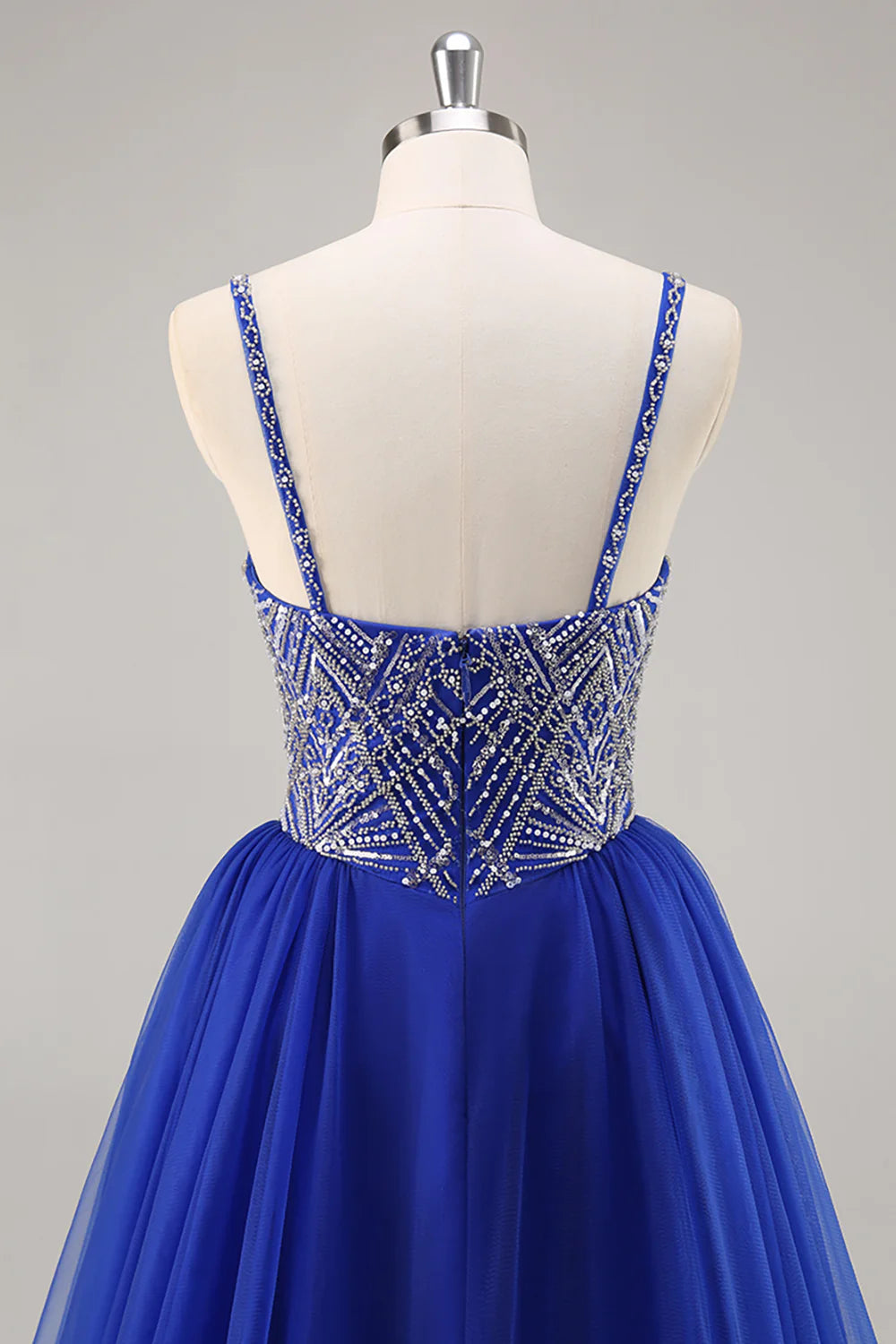 Sparkly Royal Blue Spaghetti Straps Beaded Long Prom Dress